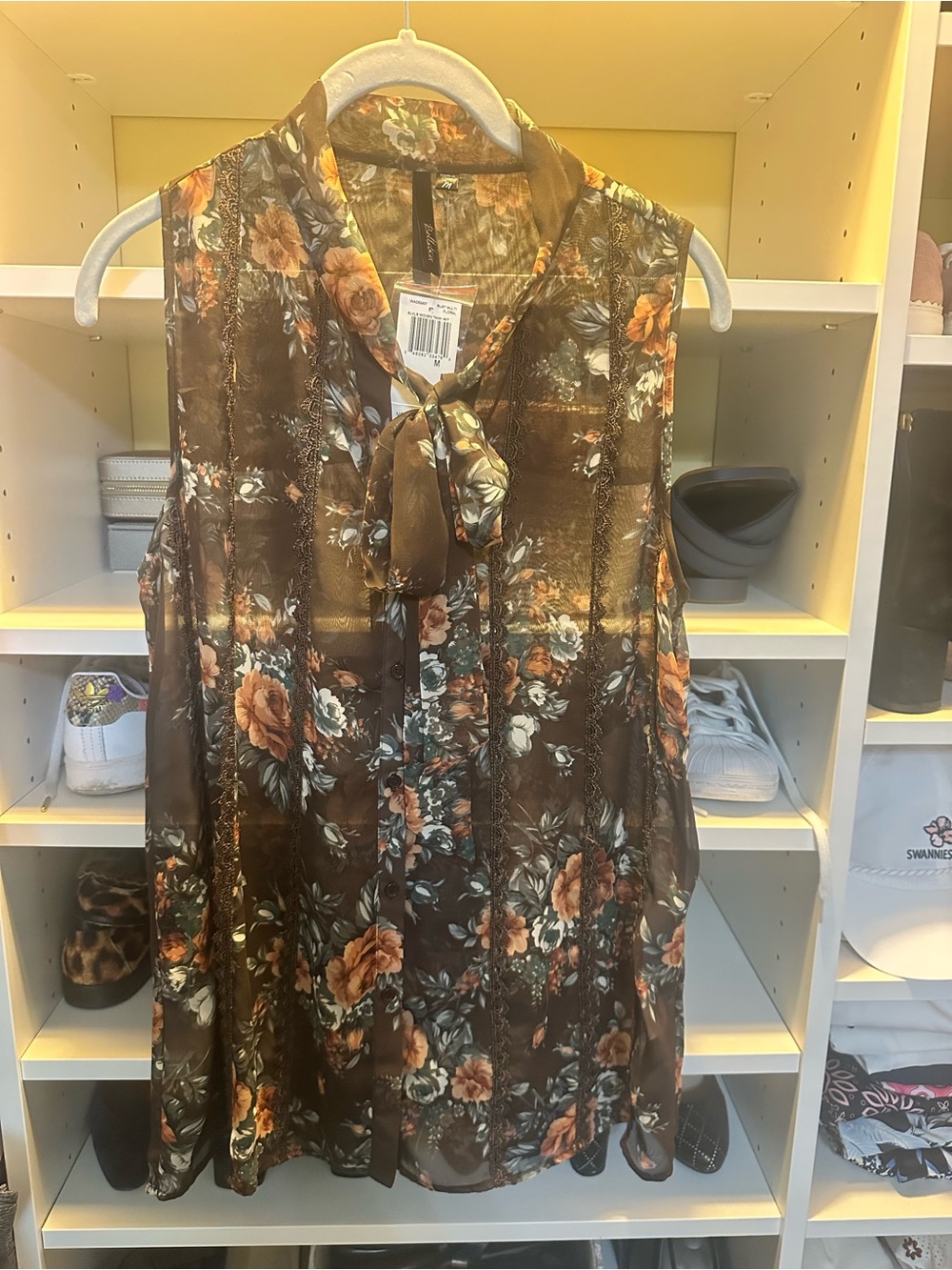 NWT Nordstrom Bellatrix Sleeveless Brown Floral Tie-Neck Blouse